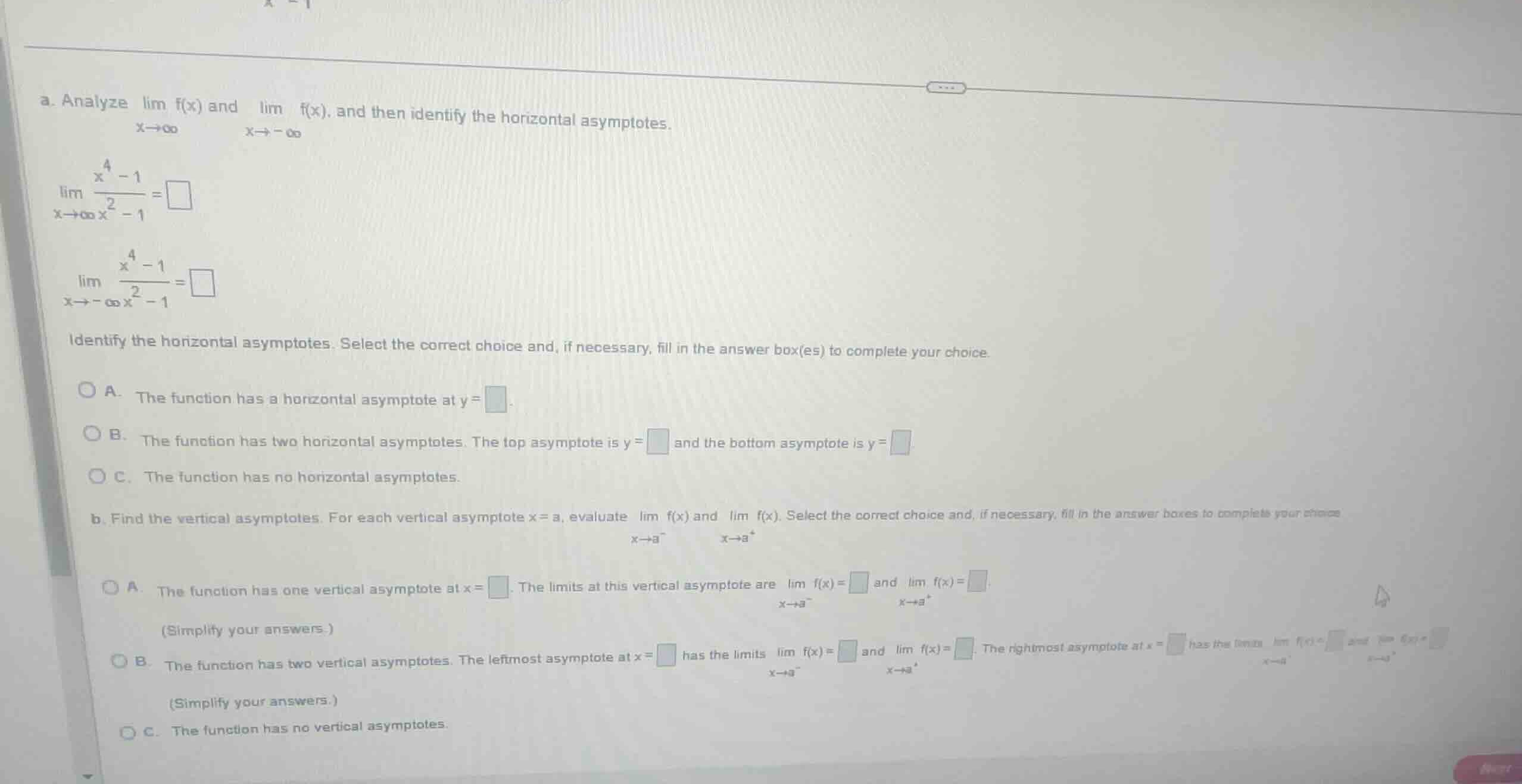 a. analyze \\(\\lim_{x \\to \\infty} f(x)\\) and \\(\\lim_{x \\to -\\in…