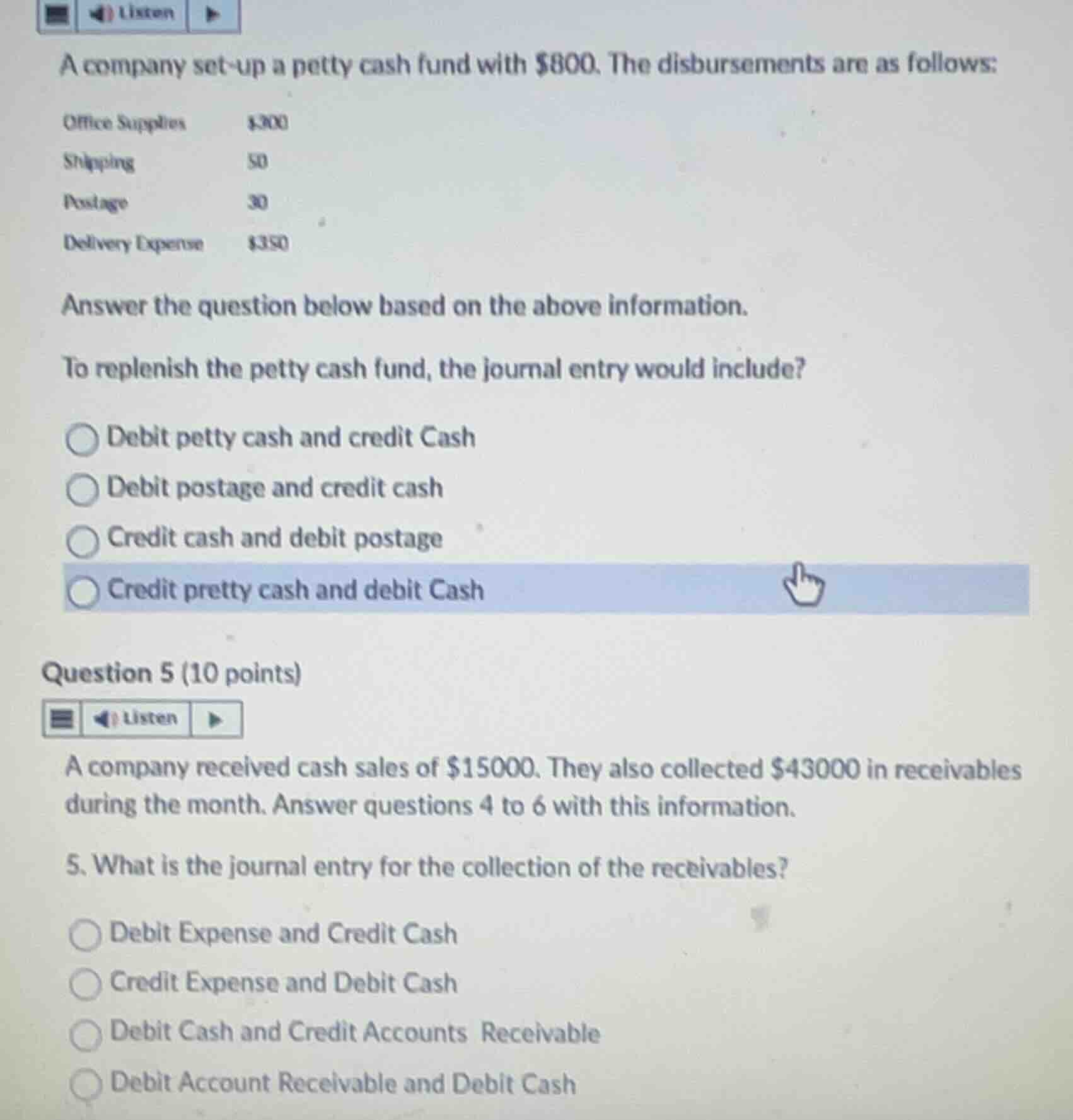 a company set-up a petty cash fund with \\$800. the disbursements are a…