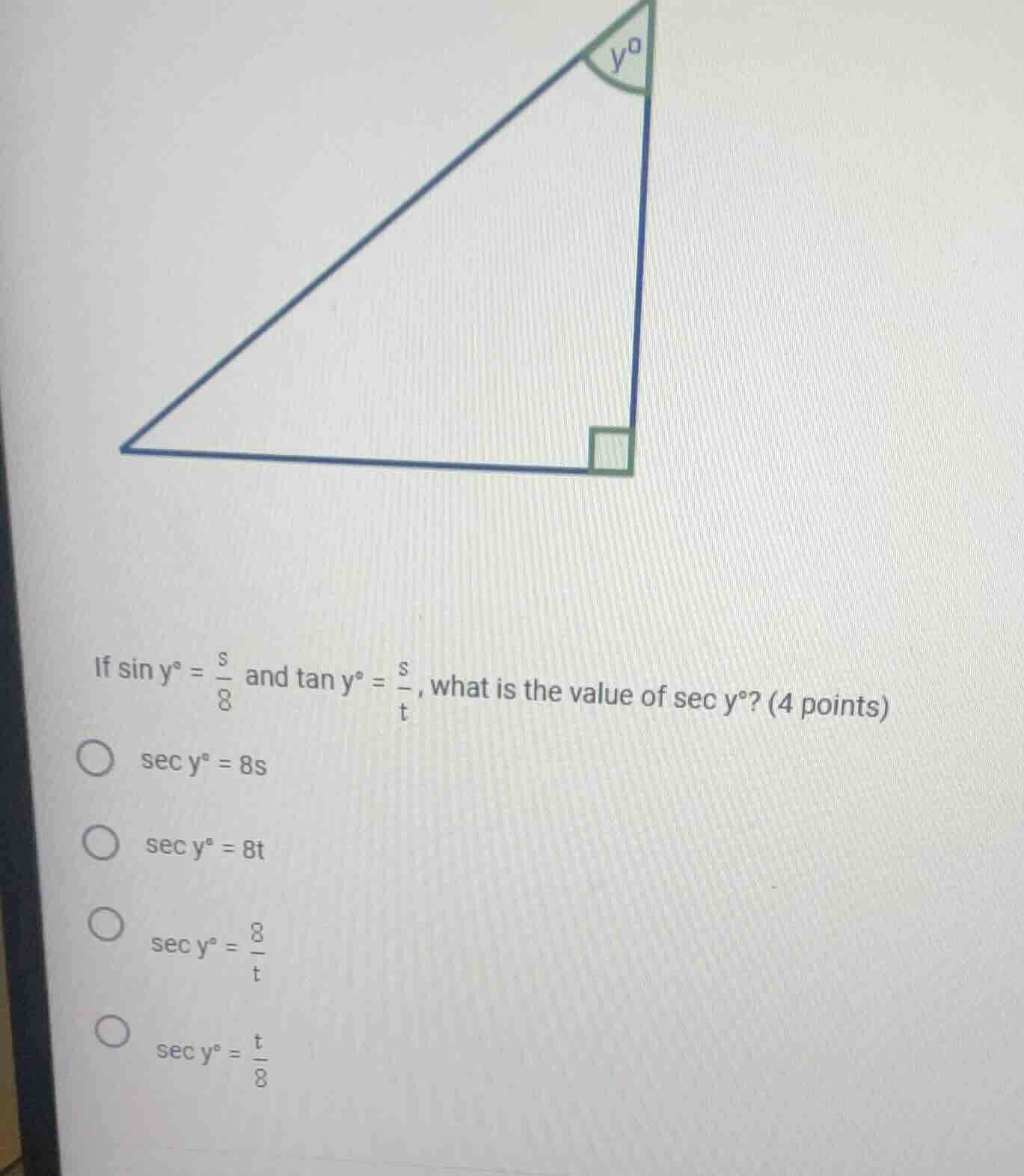 if \\(\\sin y^\\circ = \\frac{s}{8}\\) and \\(\\tan y^\\circ = \\frac{s…