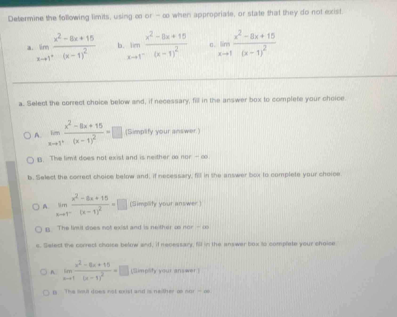 determine the following limits, using \\(\\infty\\) or \\(-\\infty\\) w…