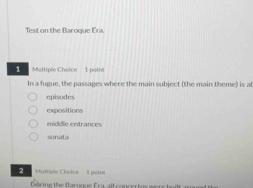 test on the baroque era. 1 multiple choice 1 point in a fugue, the pass…