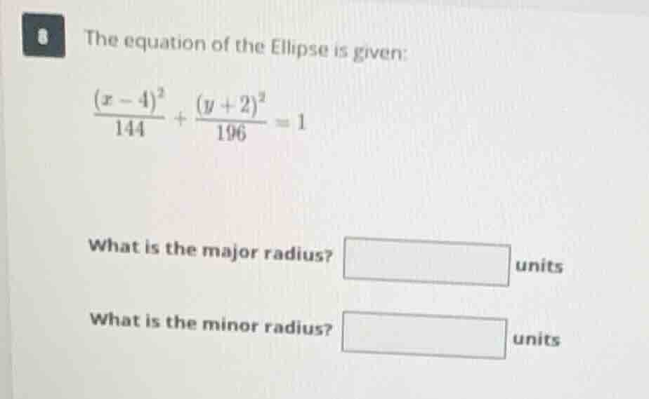 the equation of the ellipse is given: \\\\frac{(x - 4)^2}{144} + \\frac…