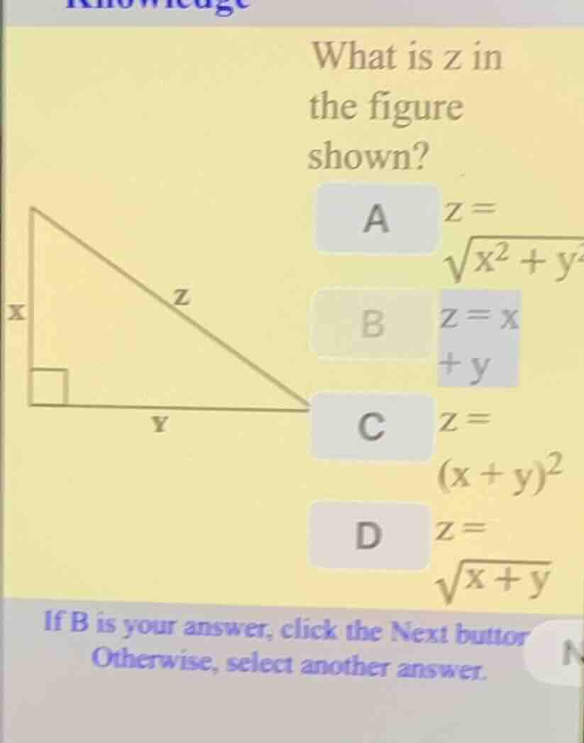 what is z in the figure shown? a \\(z = \\sqrt{x^2 + y^2}\\) b \\(z = x…