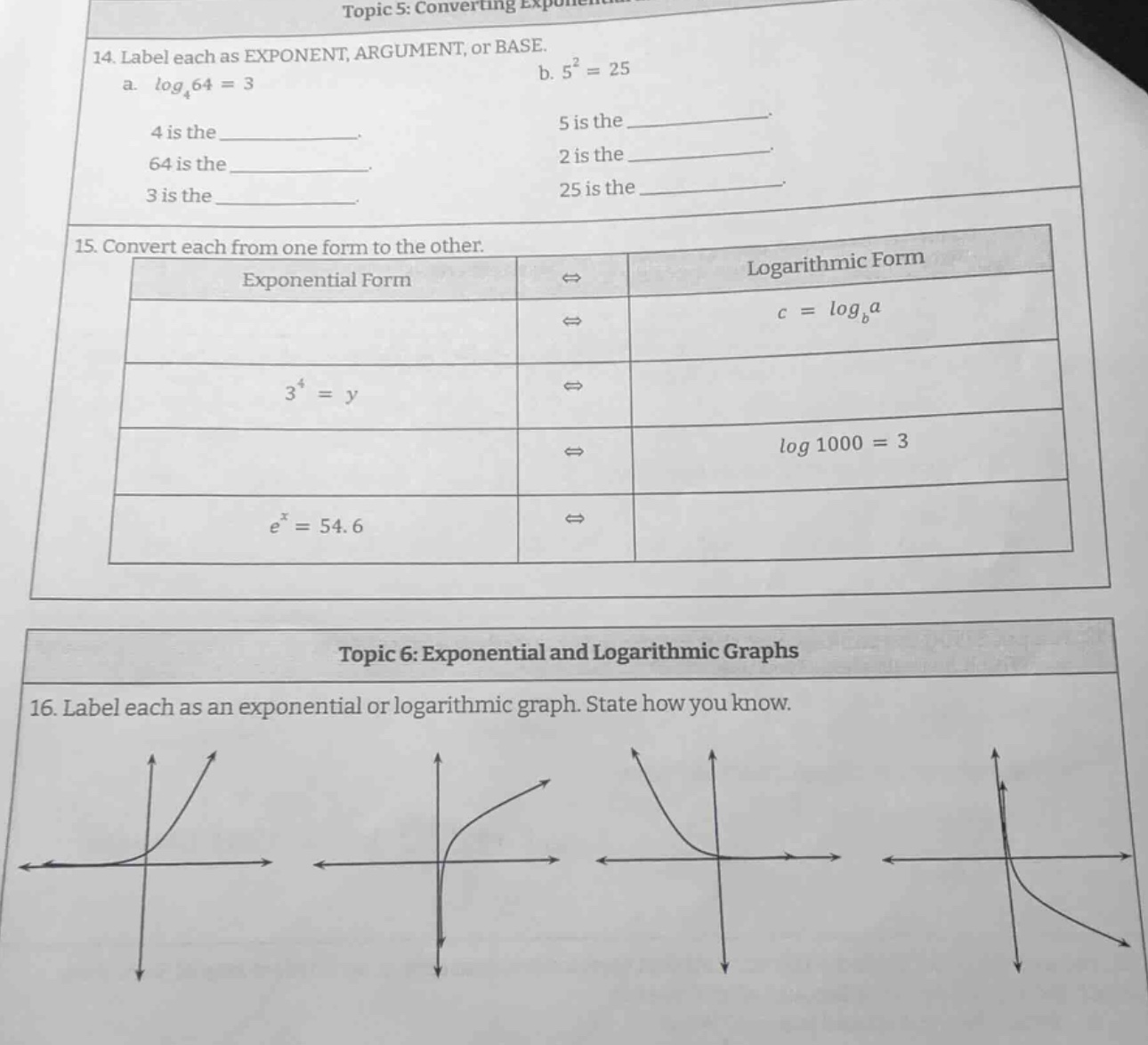 topic 5: converting exponential and logarithmic equations 14. label eac…