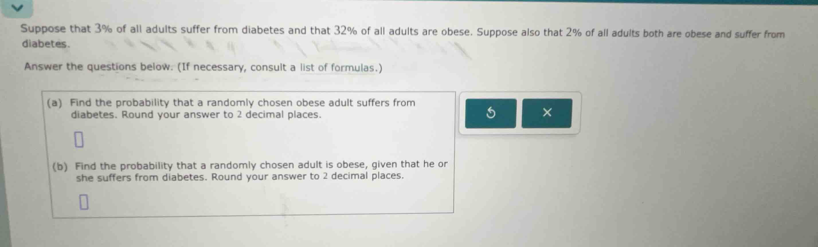 suppose that 3% of all adults suffer from diabetes and that 32% of all …