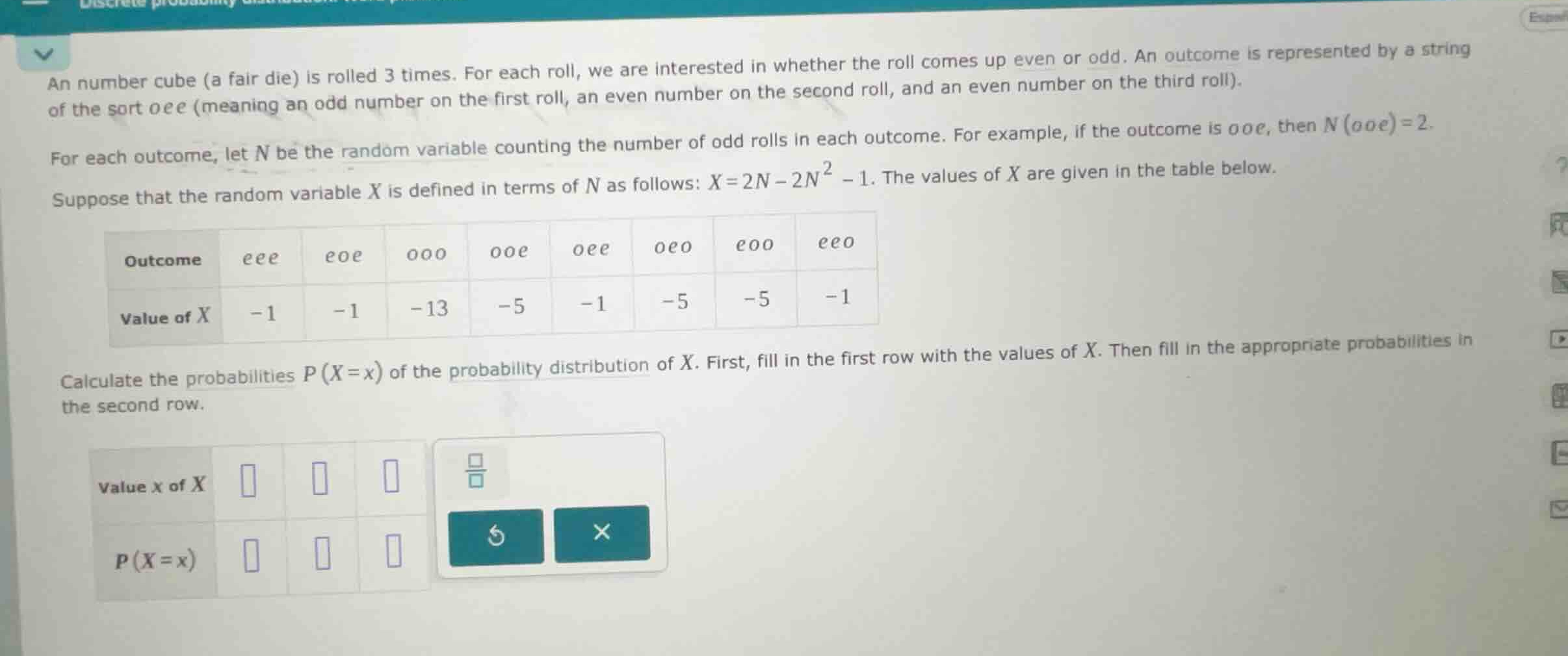 an number cube (a fair die) is rolled 3 times. for each roll, we are in…
