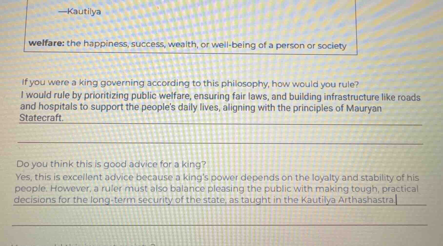-kautilya welfare: the happiness, success, wealth, or well-being of a p…