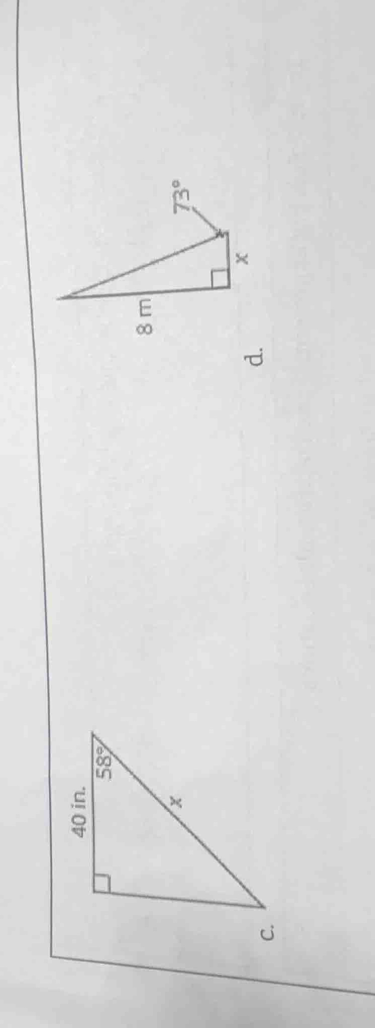 c. a right triangle with an angle of \\(58^\\circ\\), adjacent side of …