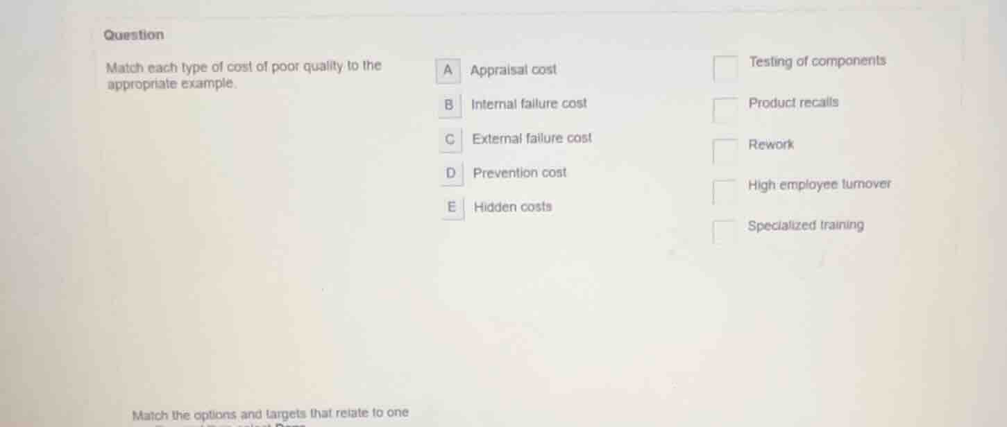 question match each type of cost of poor quality to the appropriate exa…