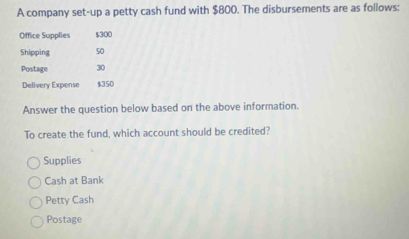 a company set-up a petty cash fund with \\$800. the disbursements are a…