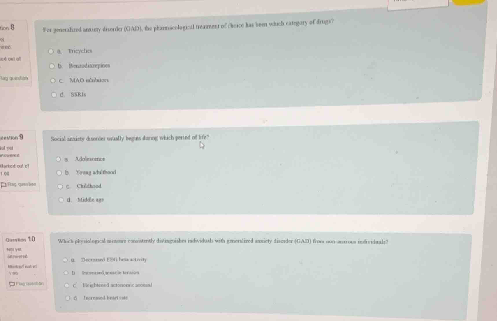 question 8 for generalized anxiety disorder (gad), the pharmacological …