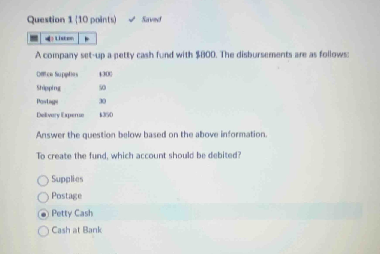 a company set-up a petty cash fund with $800. the disbursements are as …