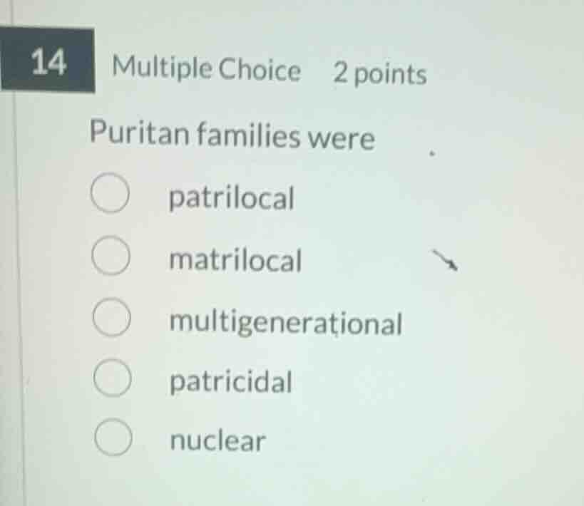 14 multiple choice 2 points puritan families were patrilocal matrilocal…