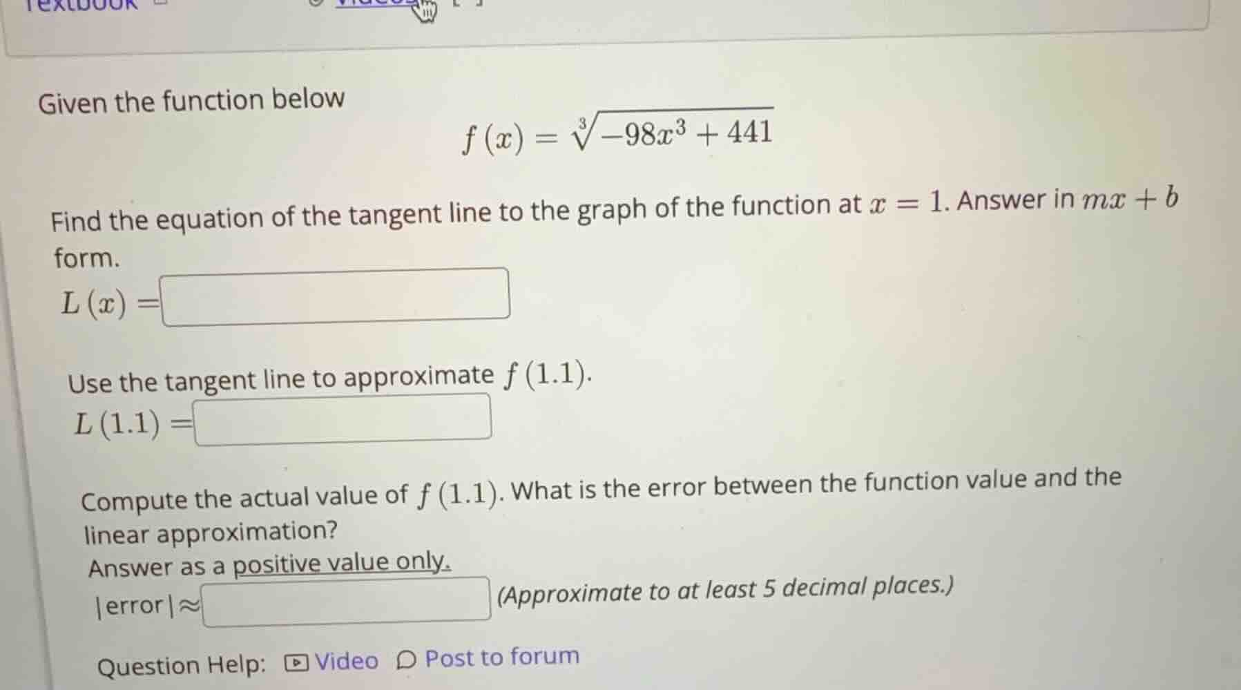 given the function below \\f(x) = \\sqrt3{-98x^3 + 441}\\ find the equa…