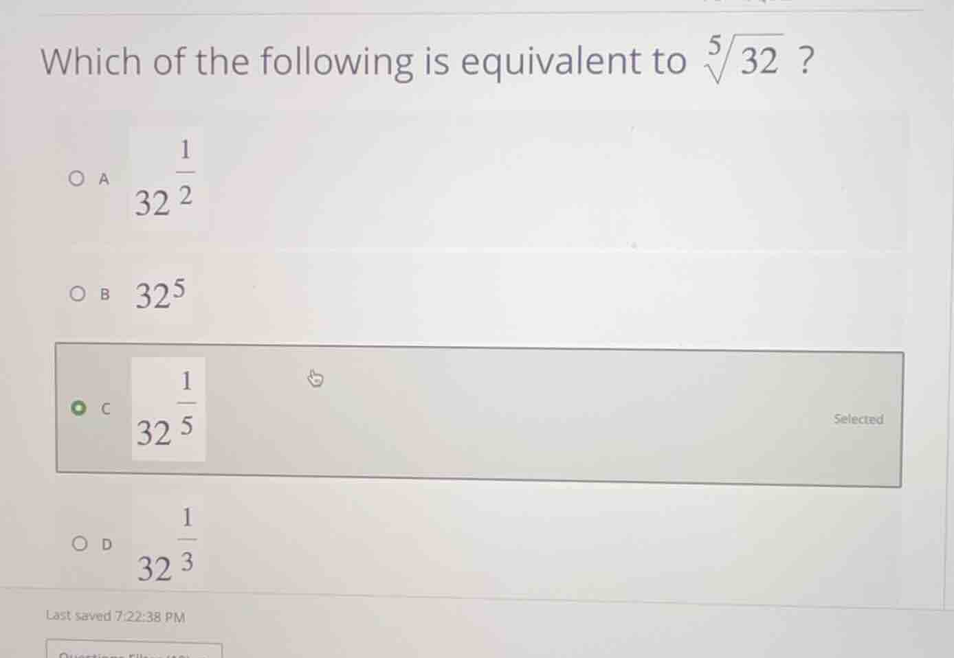 which of the following is equivalent to \\(\\sqrt5{32}\\) ? a. \\(32^{\…