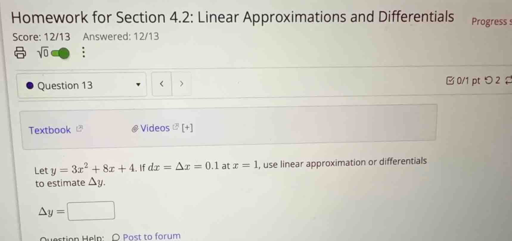 let \\(y = 3x^2 + 8x + 4\\). if \\(dx = \\delta x = 0.1\\) at \\(x = 1\…