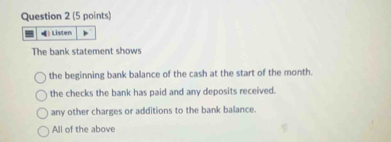 question 2 (5 points) the bank statement shows the beginning bank balan…
