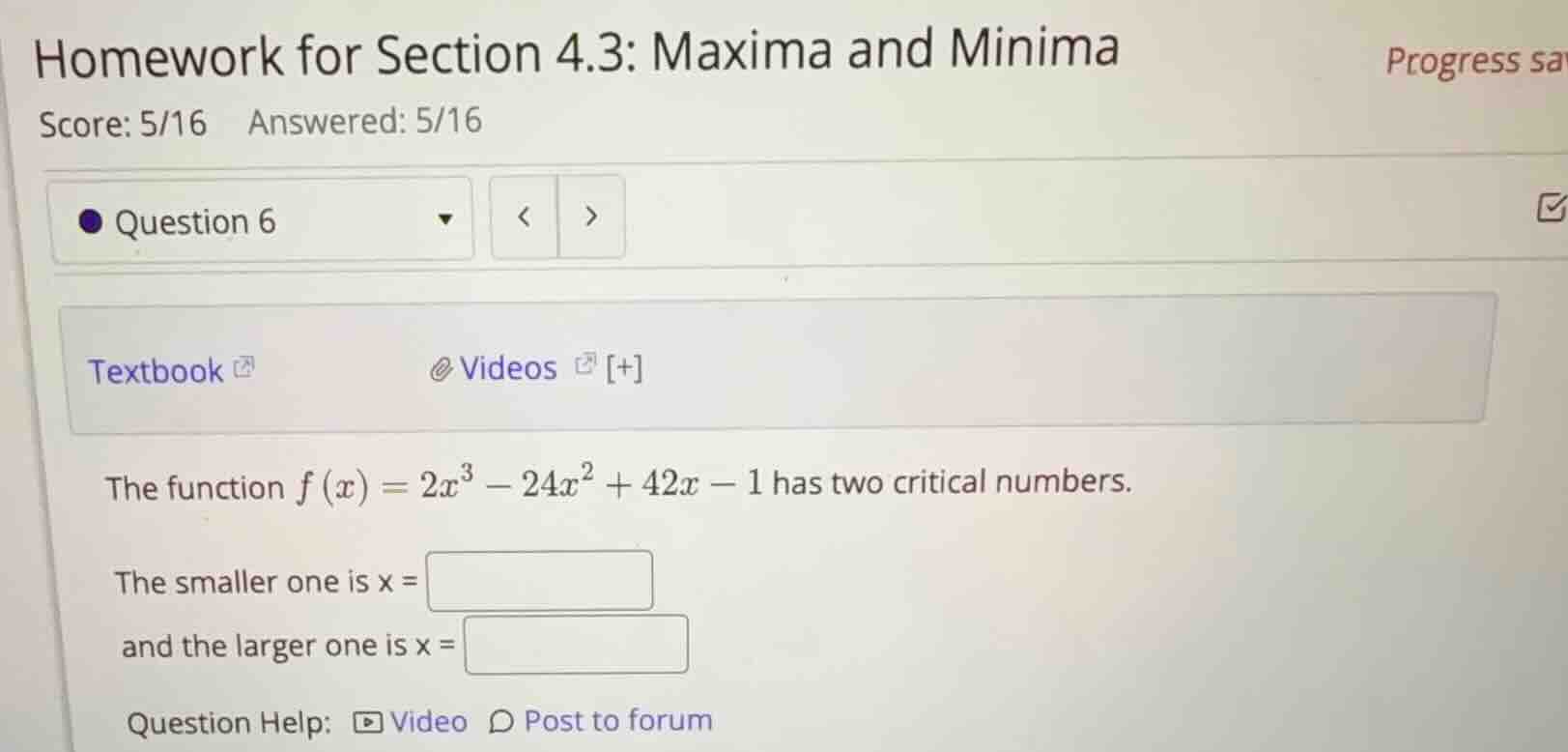the function \\(f(x) = 2x^3 - 24x^2 + 42x - 1\\) has two critical numbe…