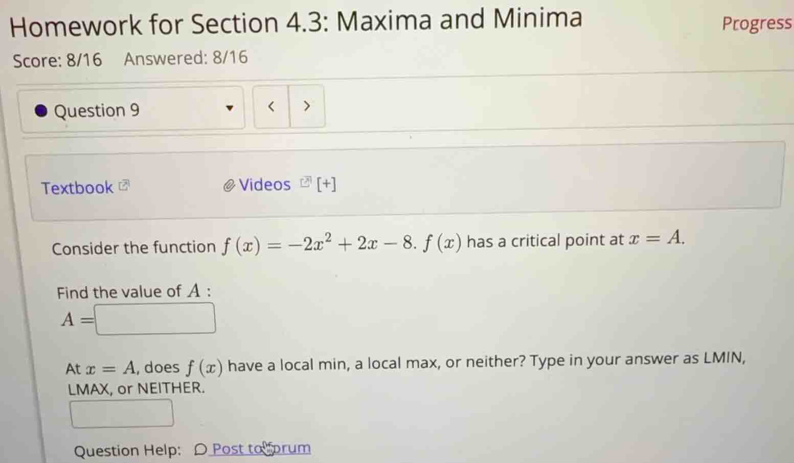 consider the function \\(f(x) = -2x^2 + 2x - 8\\). \\(f(x)\\) has a cri…