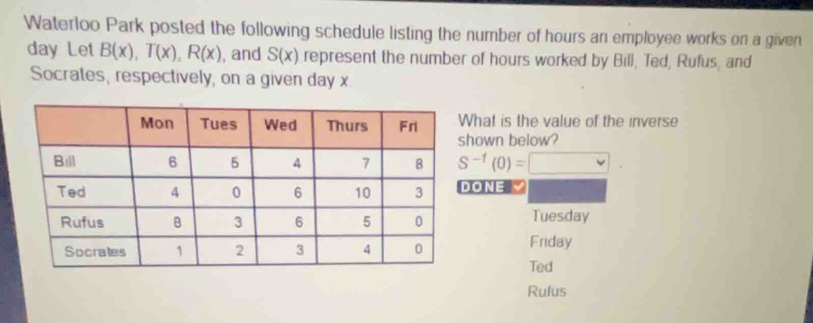 waterloo park posted the following schedule listing the number of hours…