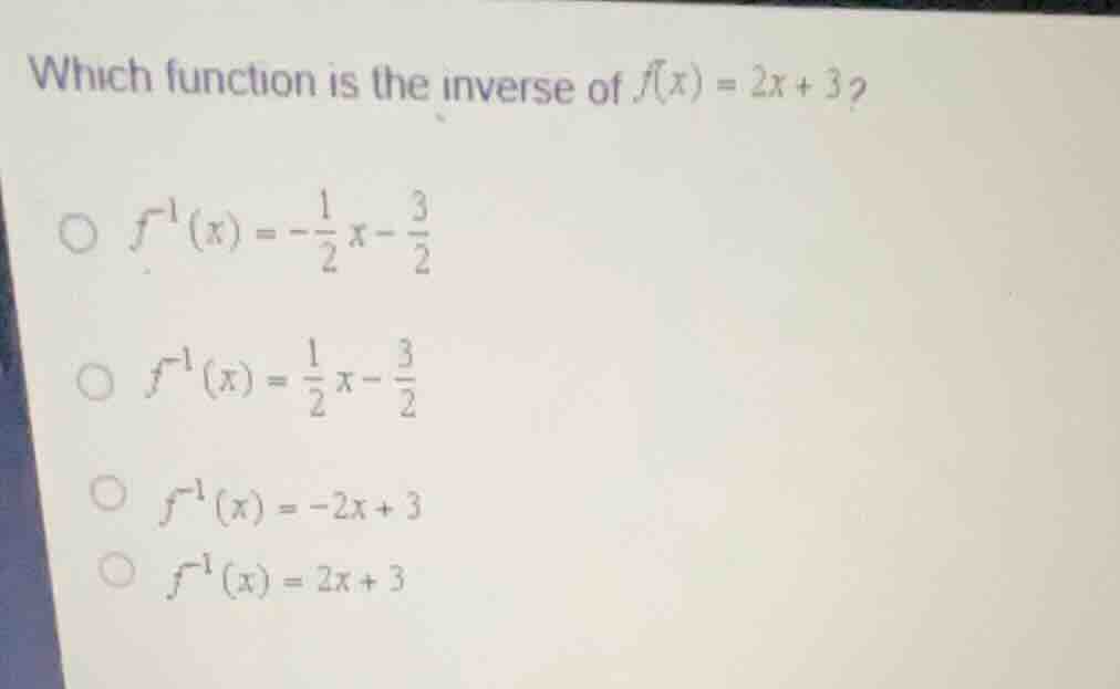 which function is the inverse of (f(x) = 2x + 3)? * (f^{-1}(x) = -\frac…