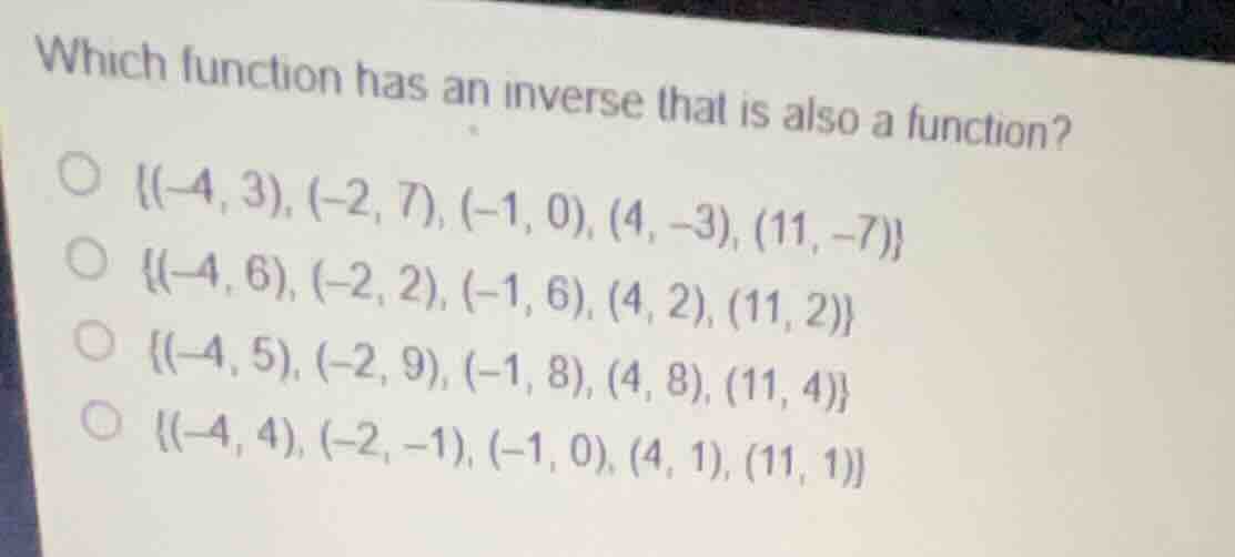 which function has an inverse that is also a function? \\(\\{(-4, 3), (…