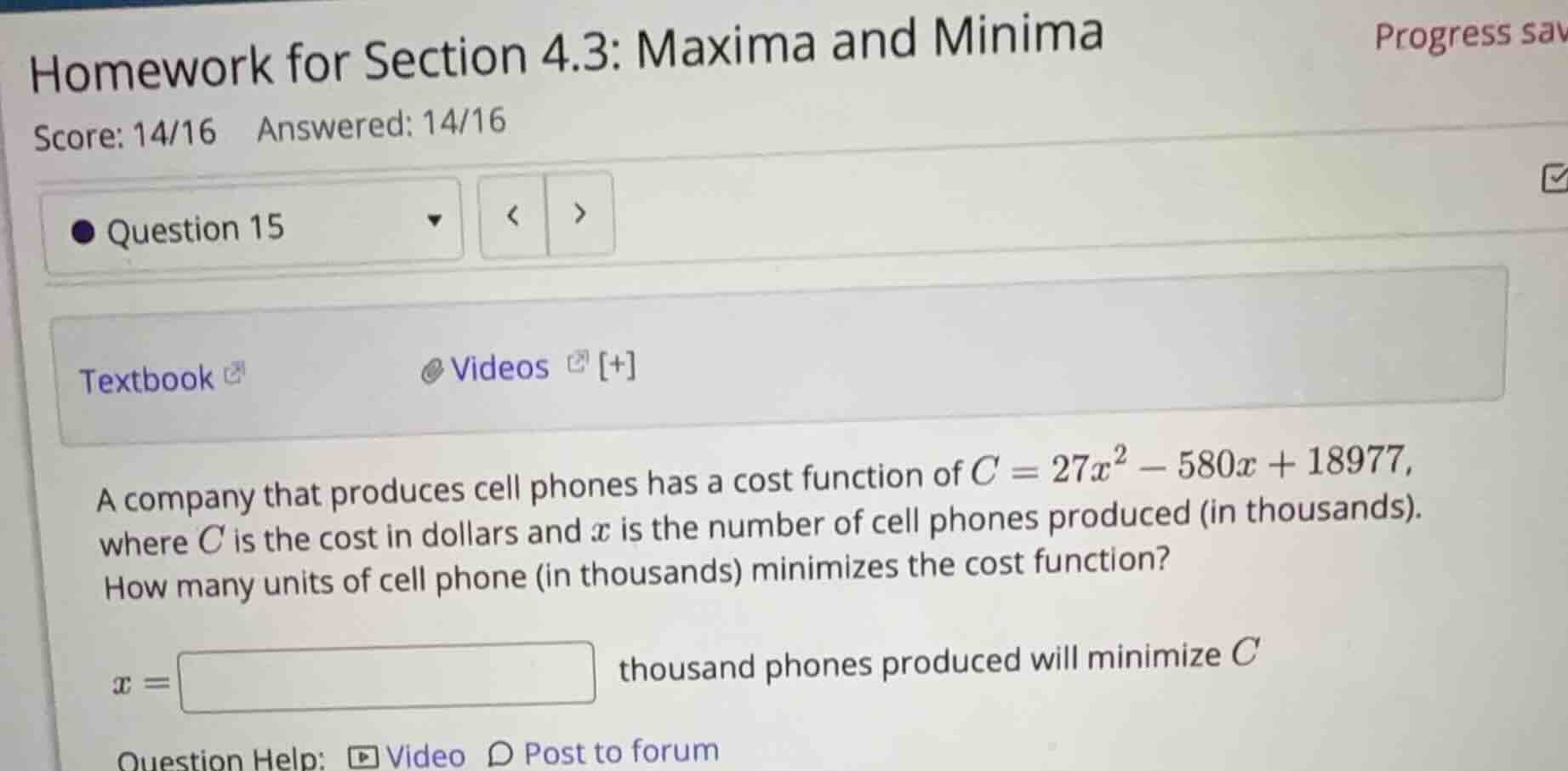a company that produces cell phones has a cost function of \\(c = 27x^2…