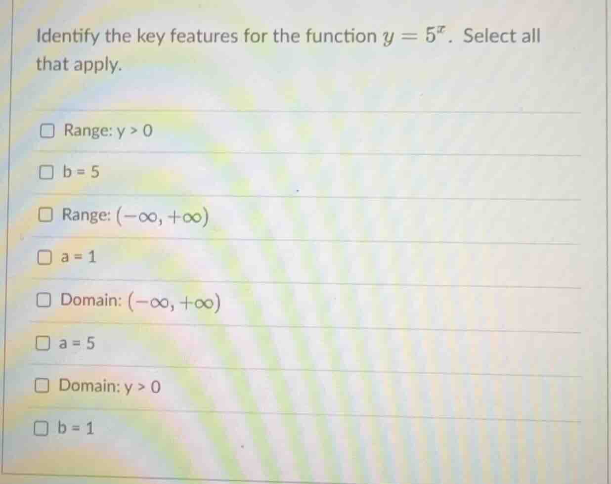 identify the key features for the function (y = 5^x). select all that a…