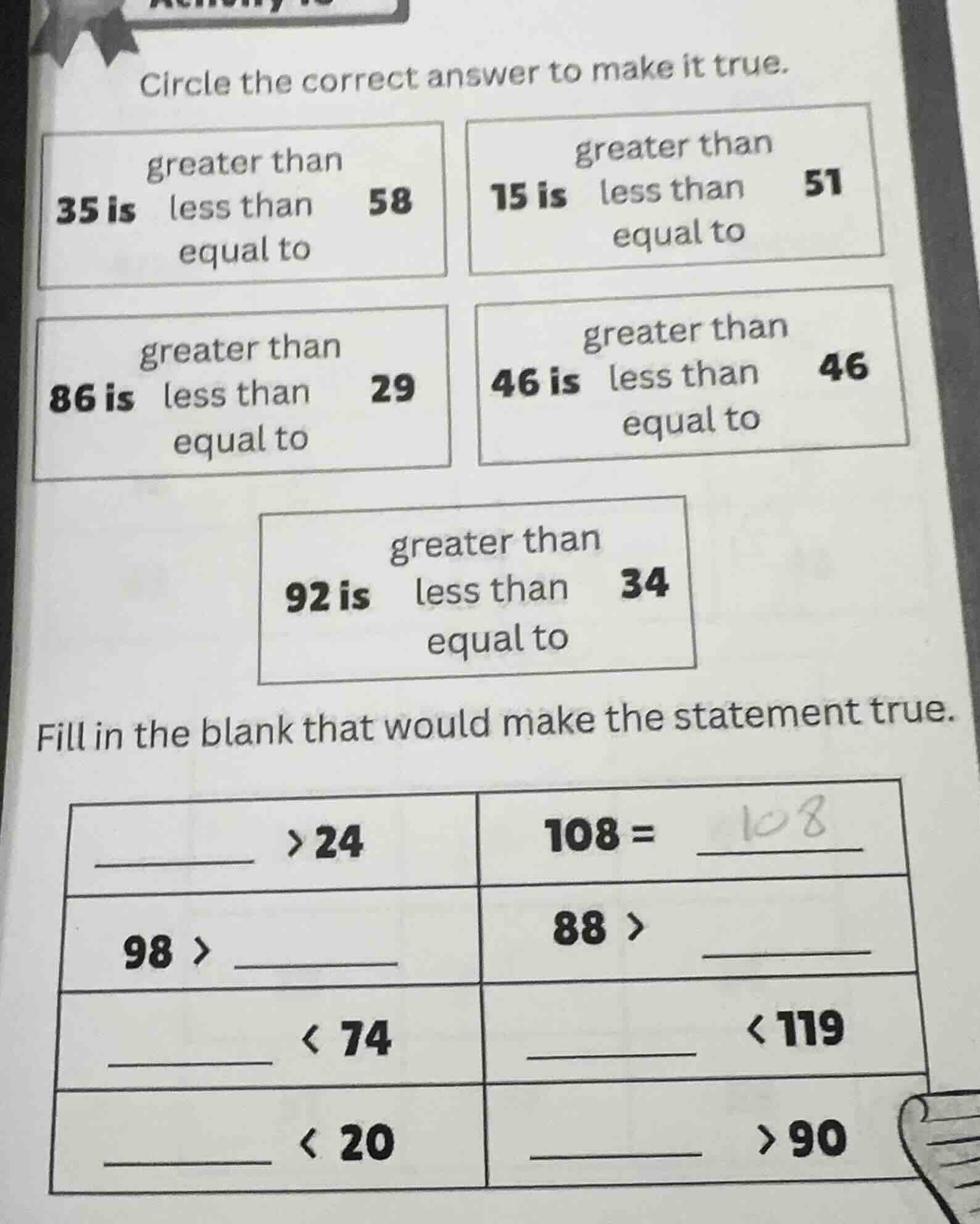 circle the correct answer to make it true. 35 is greater than / less th…