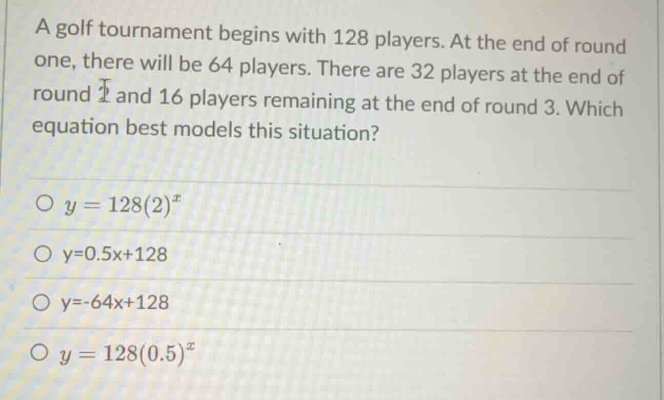 a golf tournament begins with 128 players. at the end of round one, the…