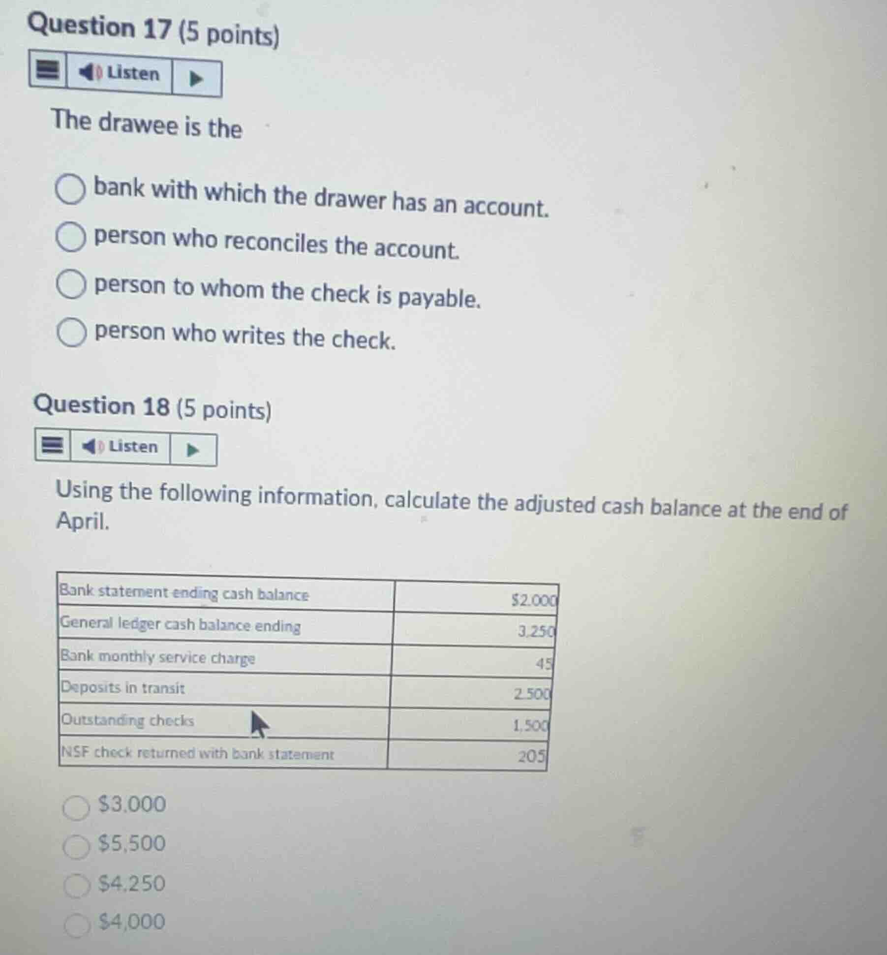 question 17 (5 points) the drawee is the - bank with which the drawer h…