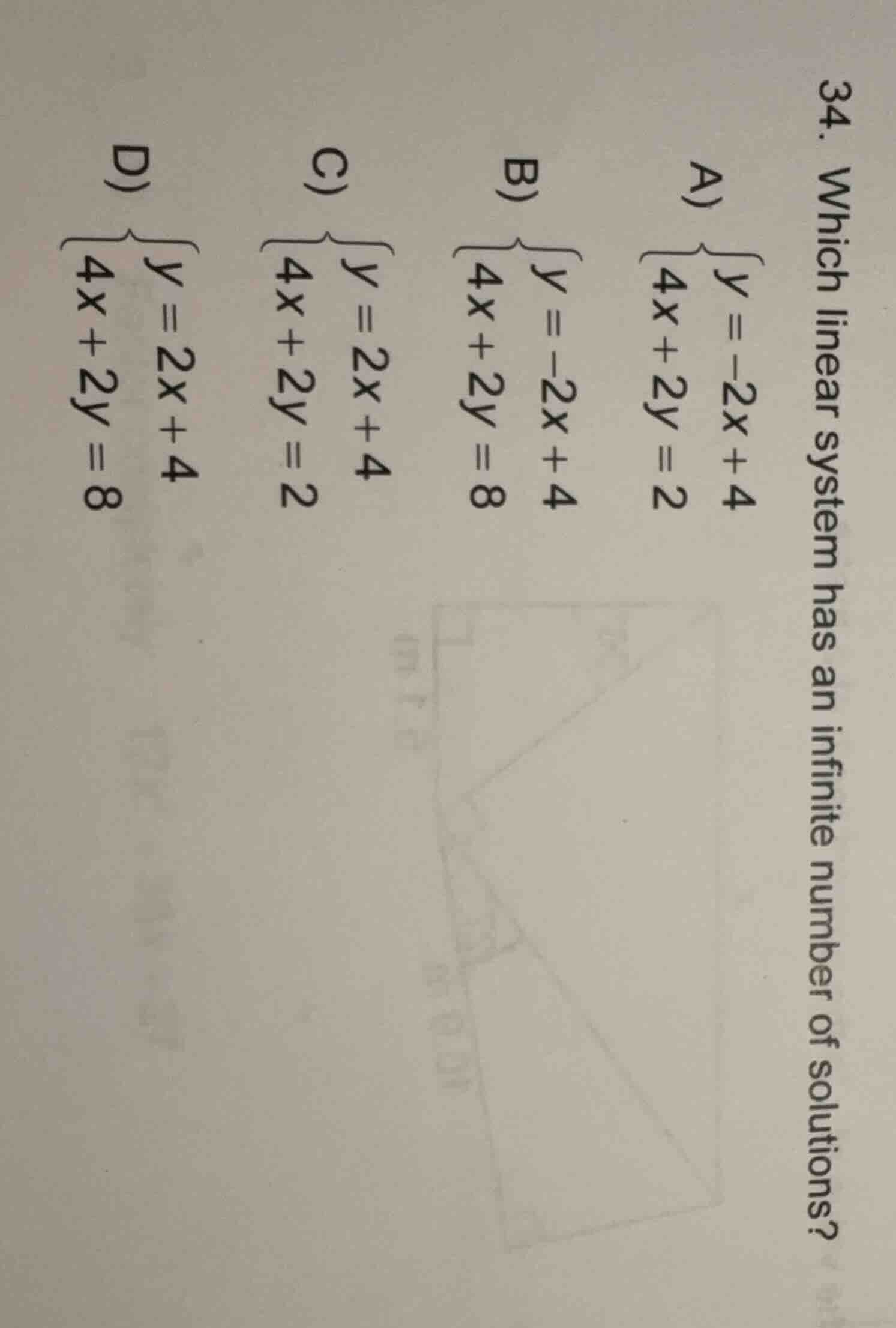 34. which linear system has an infinite number of solutions? a) \\(\\be…