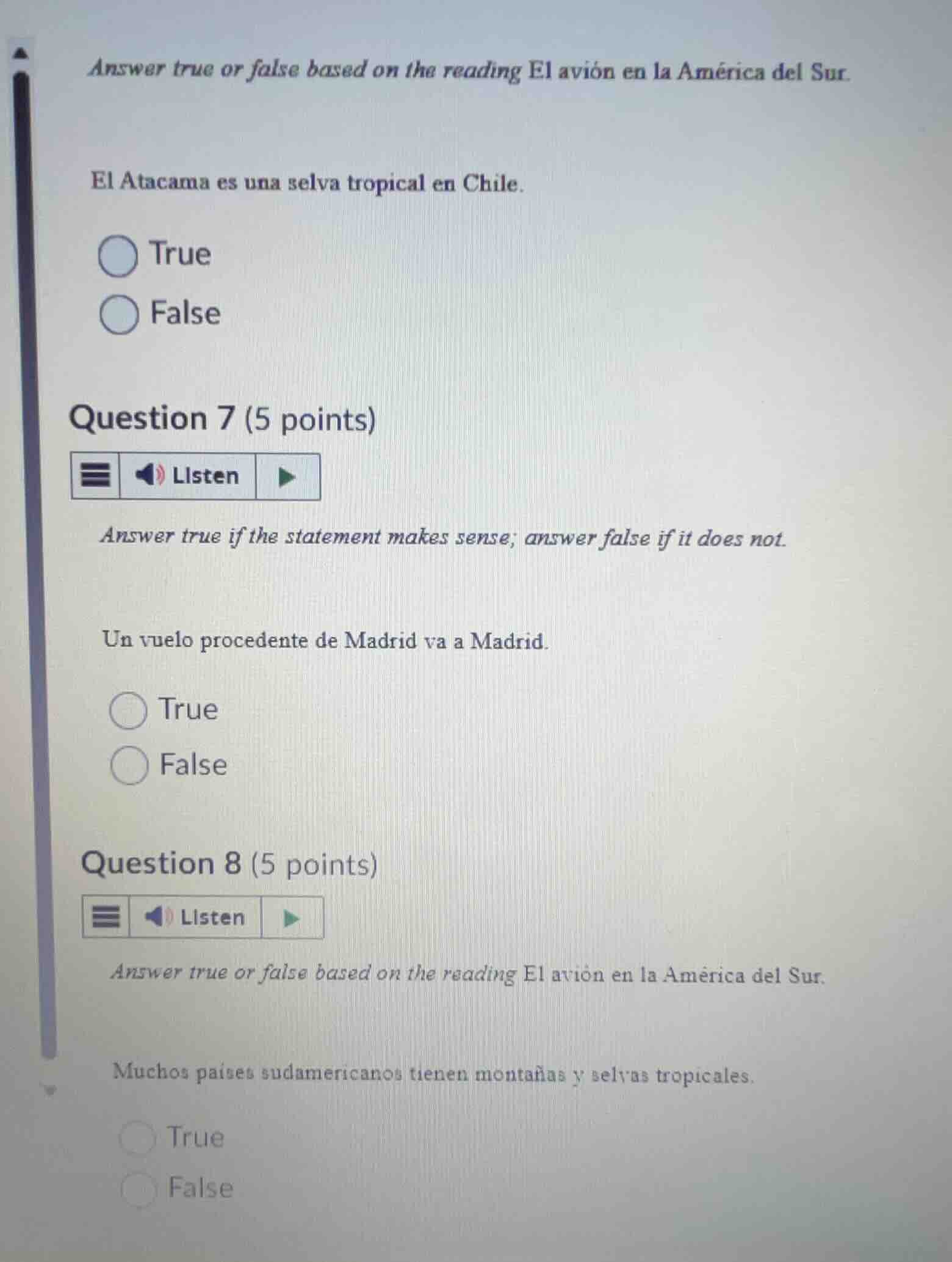 answer true or false based on the reading el avión en la américa del su…