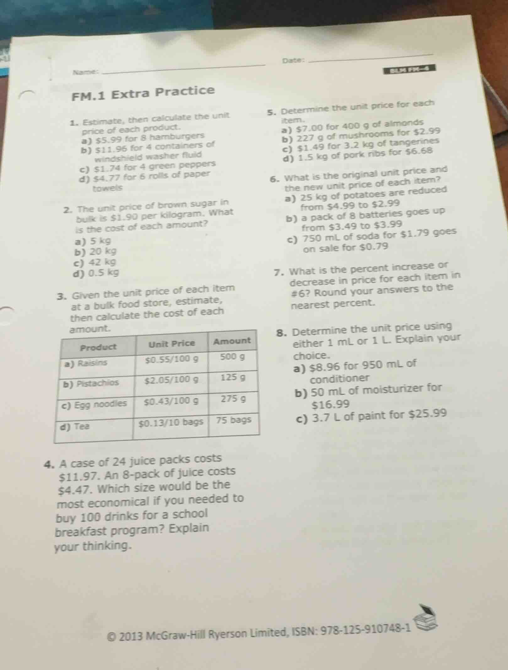 fm.1 extra practice 1. estimate, then calculate the unit price of each …