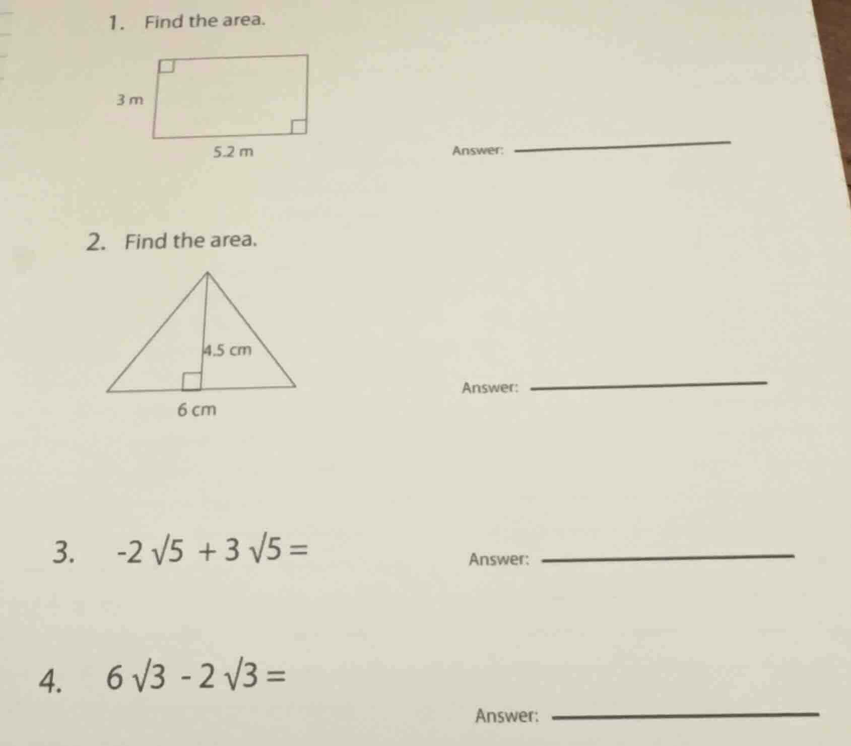1. find the area. answer: 2. find the area. answer: 3. \\(-2 \\sqrt{5} …