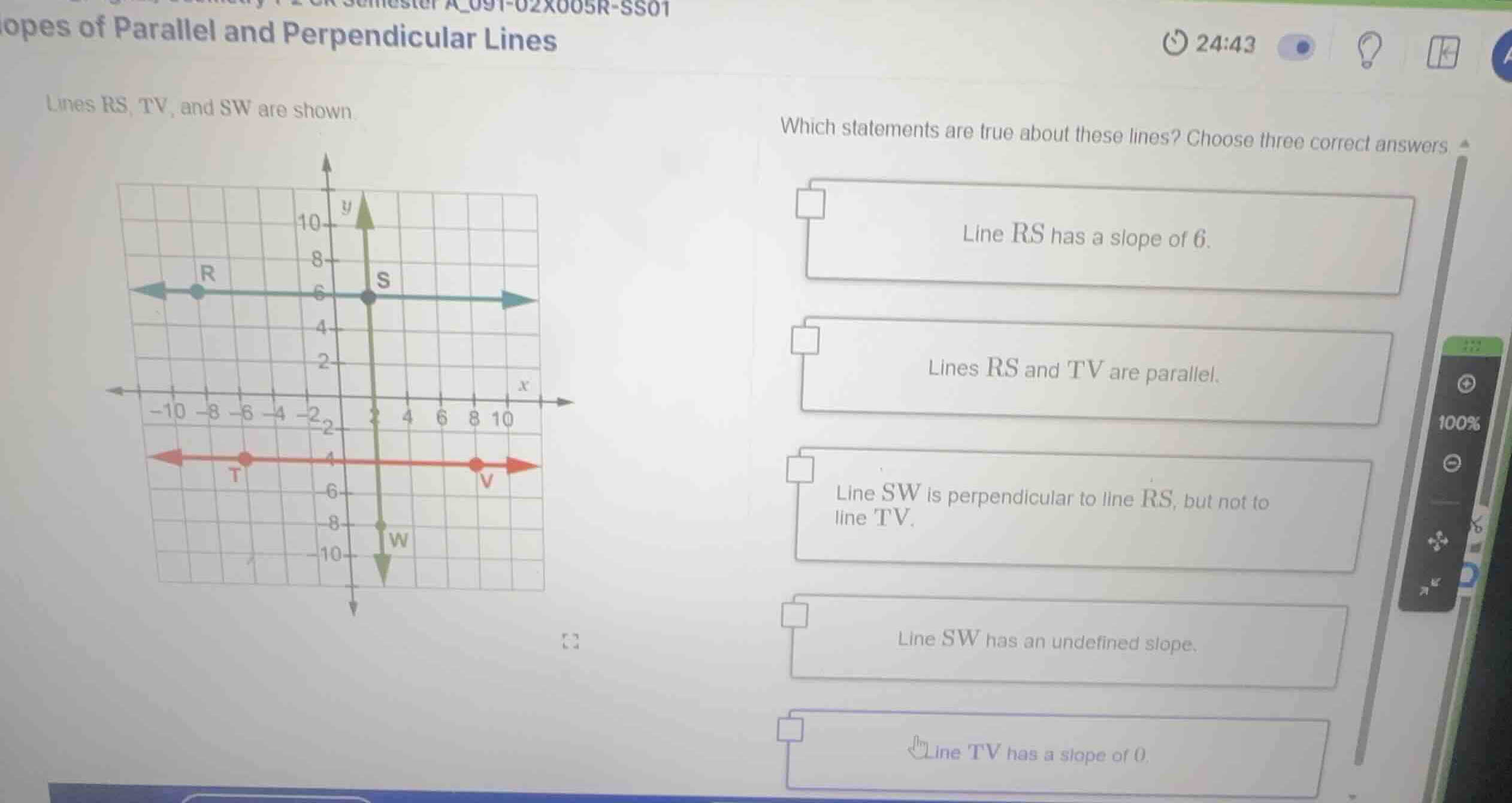 lines rs, tv, and sw are shown. which statements are true about these l…