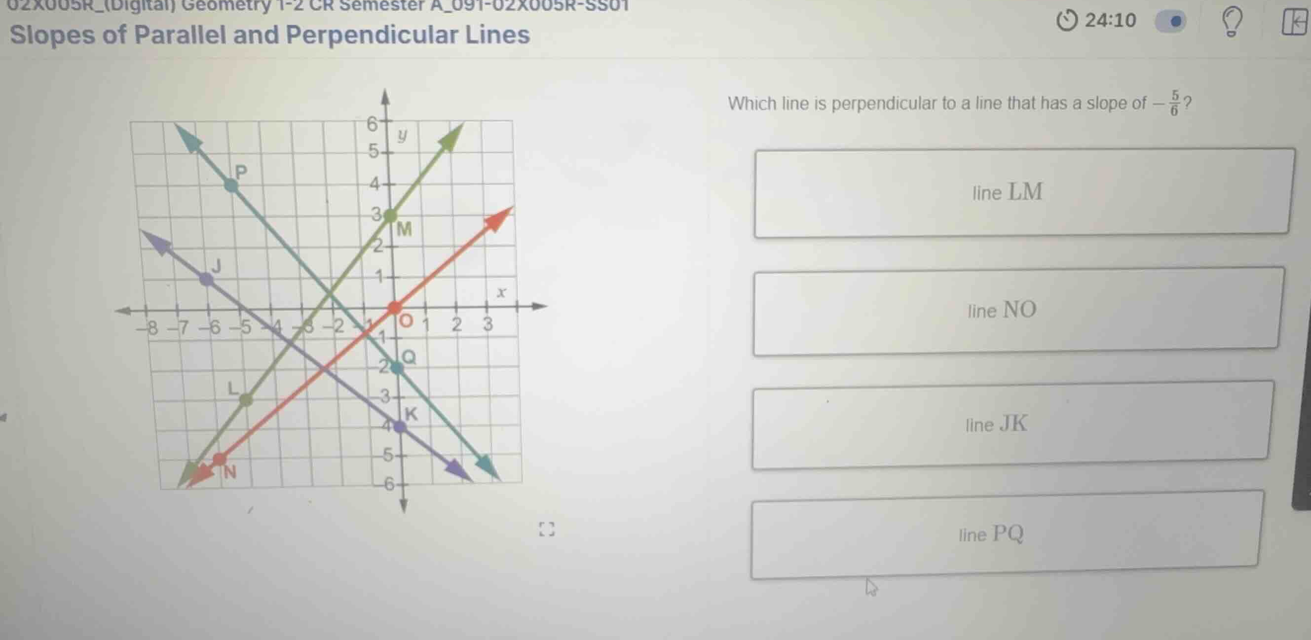 which line is perpendicular to a line that has a slope of (-\\frac{5}{6…
