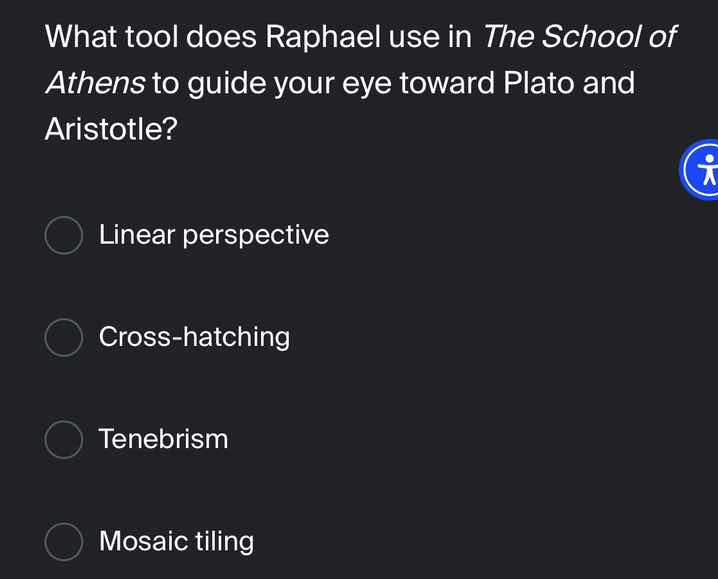 what tool does raphael use in the school of athens to guide your eye to…