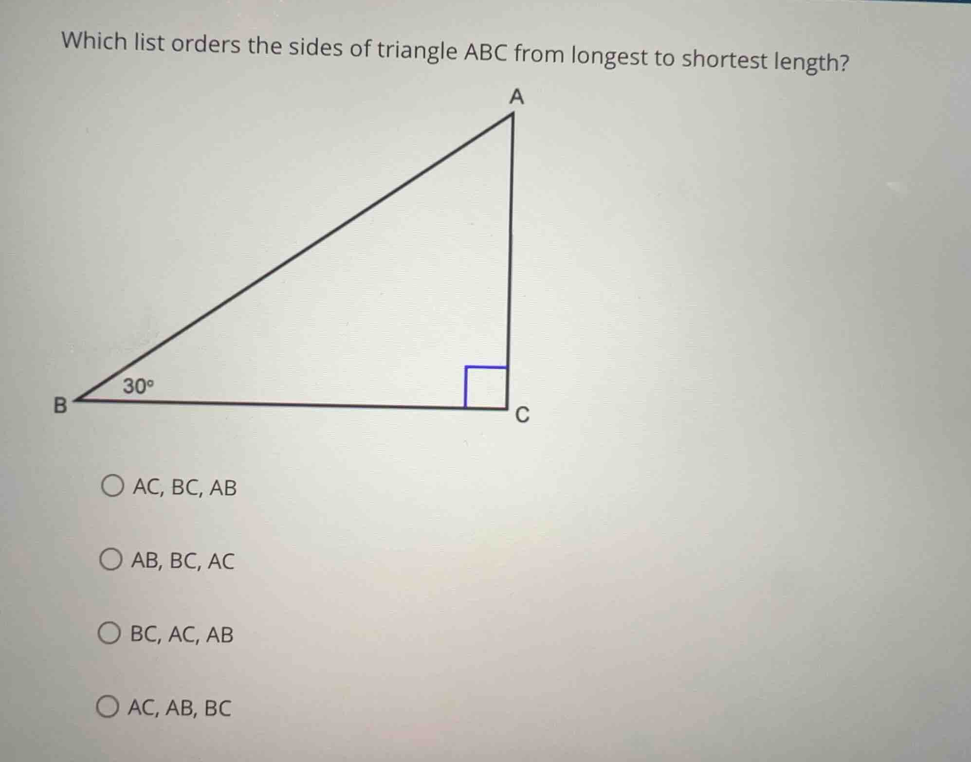 which list orders the sides of triangle abc from longest to shortest le…