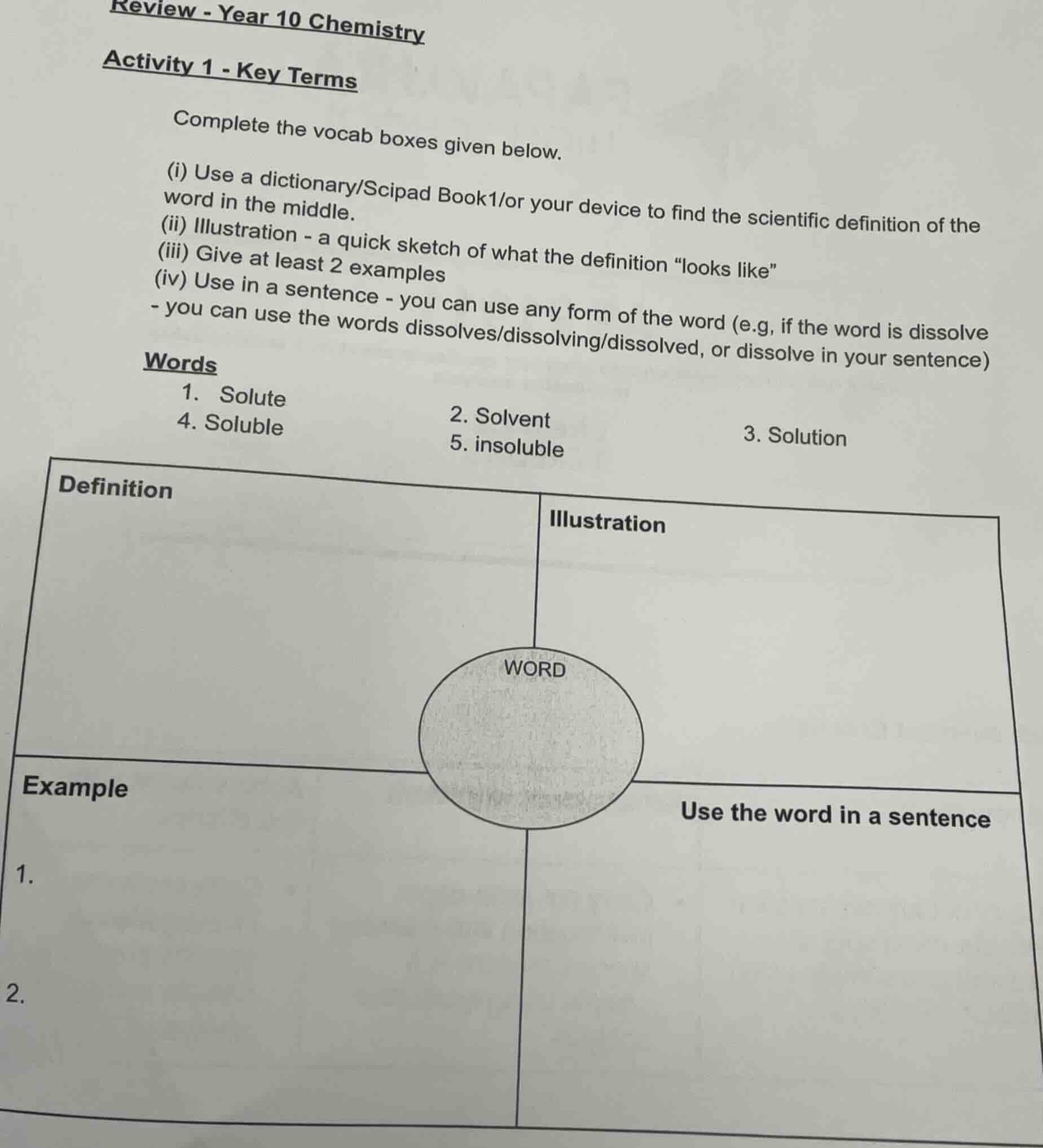 review - year 10 chemistry activity 1 - key terms complete the vocab bo…