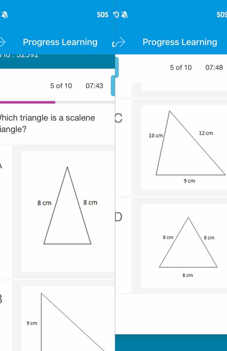 which triangle is a scalene triangle? a 8 cm, 8 cm b 9 cm c 10 cm, 12 c…
