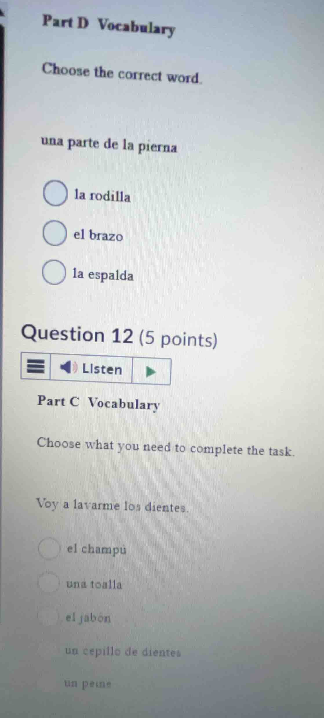 part d vocabulary choose the correct word. una parte de la pierna la ro…