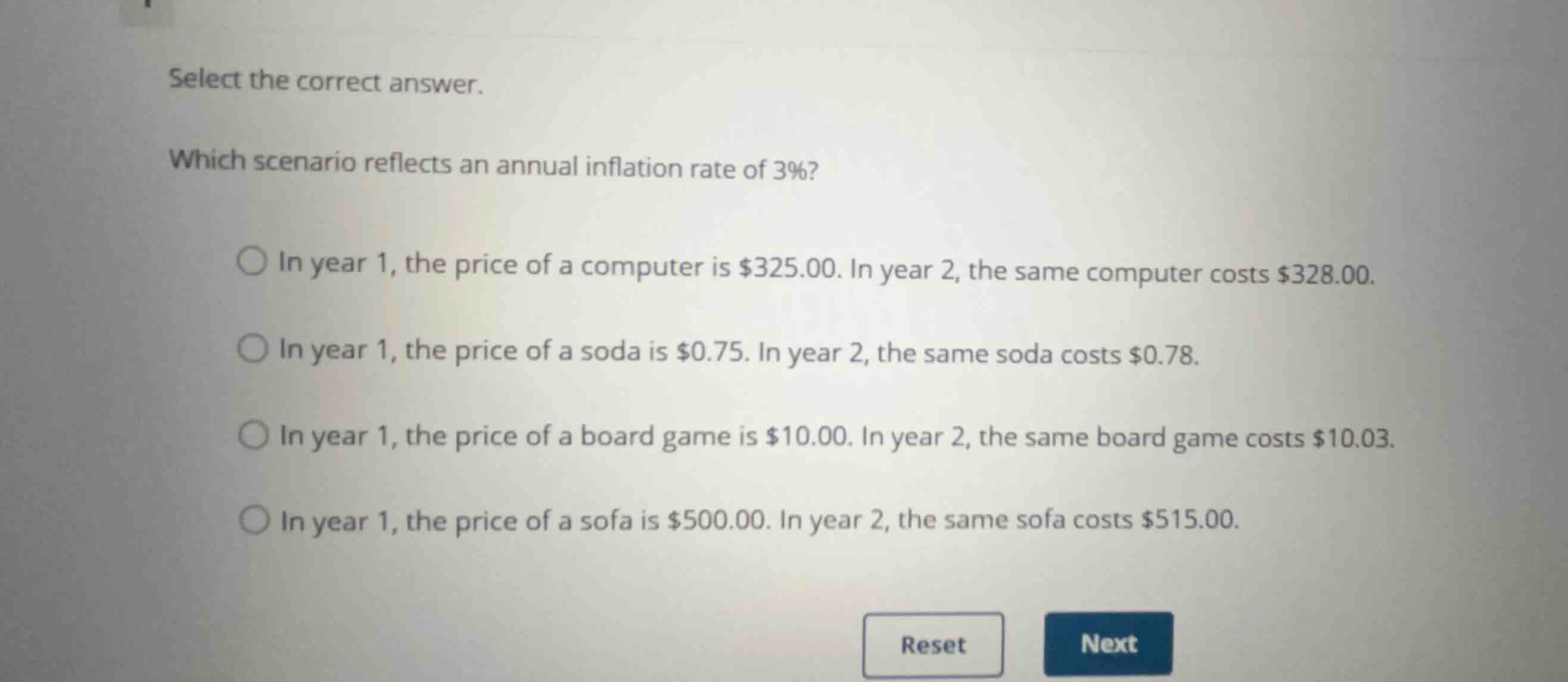 select the correct answer. which scenario reflects an annual inflation …