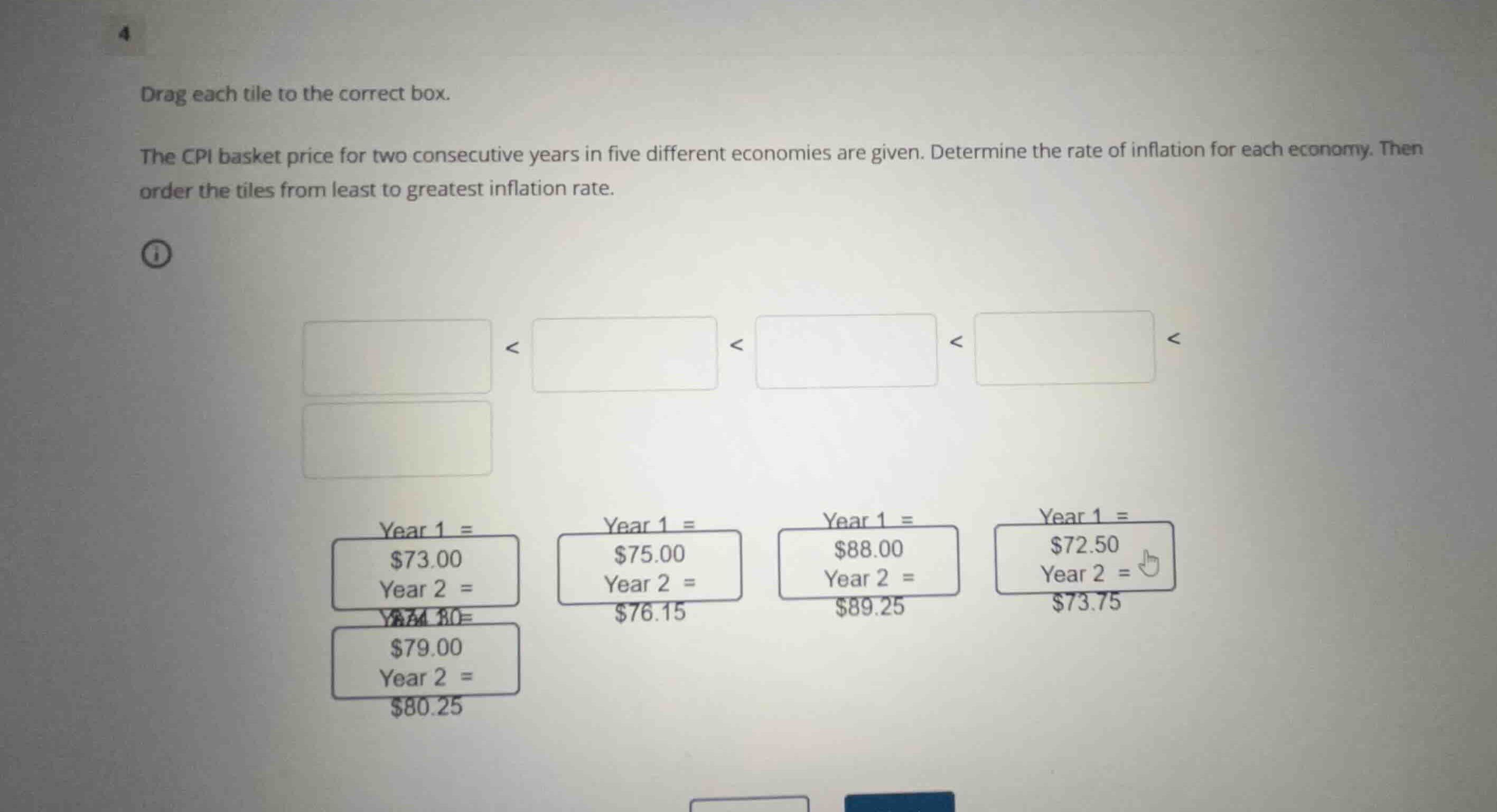 drag each tile to the correct box. the cpi basket price for two consecu…