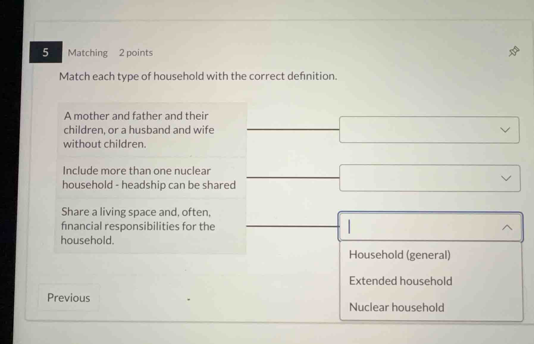 match each type of household with the correct definition. * a mother an…