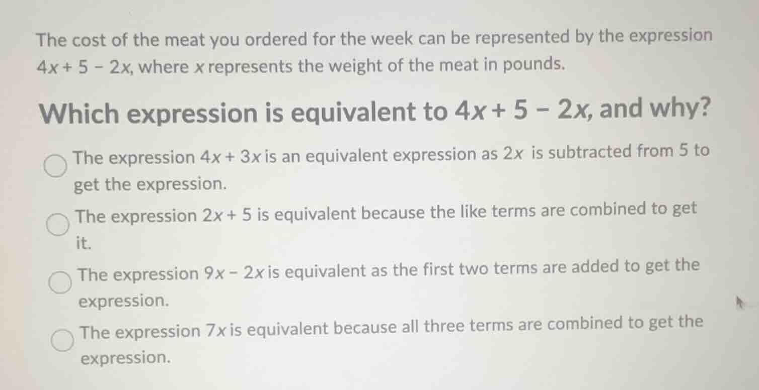 the cost of the meat you ordered for the week can be represented by the…