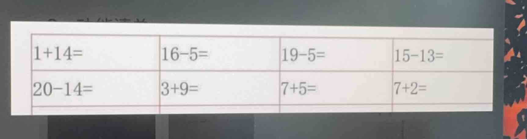 \\begin{array}{|l|l|l|l|} \\hline 1+14= & 16-5= & 19-5= & 15-13= \\\\ \…