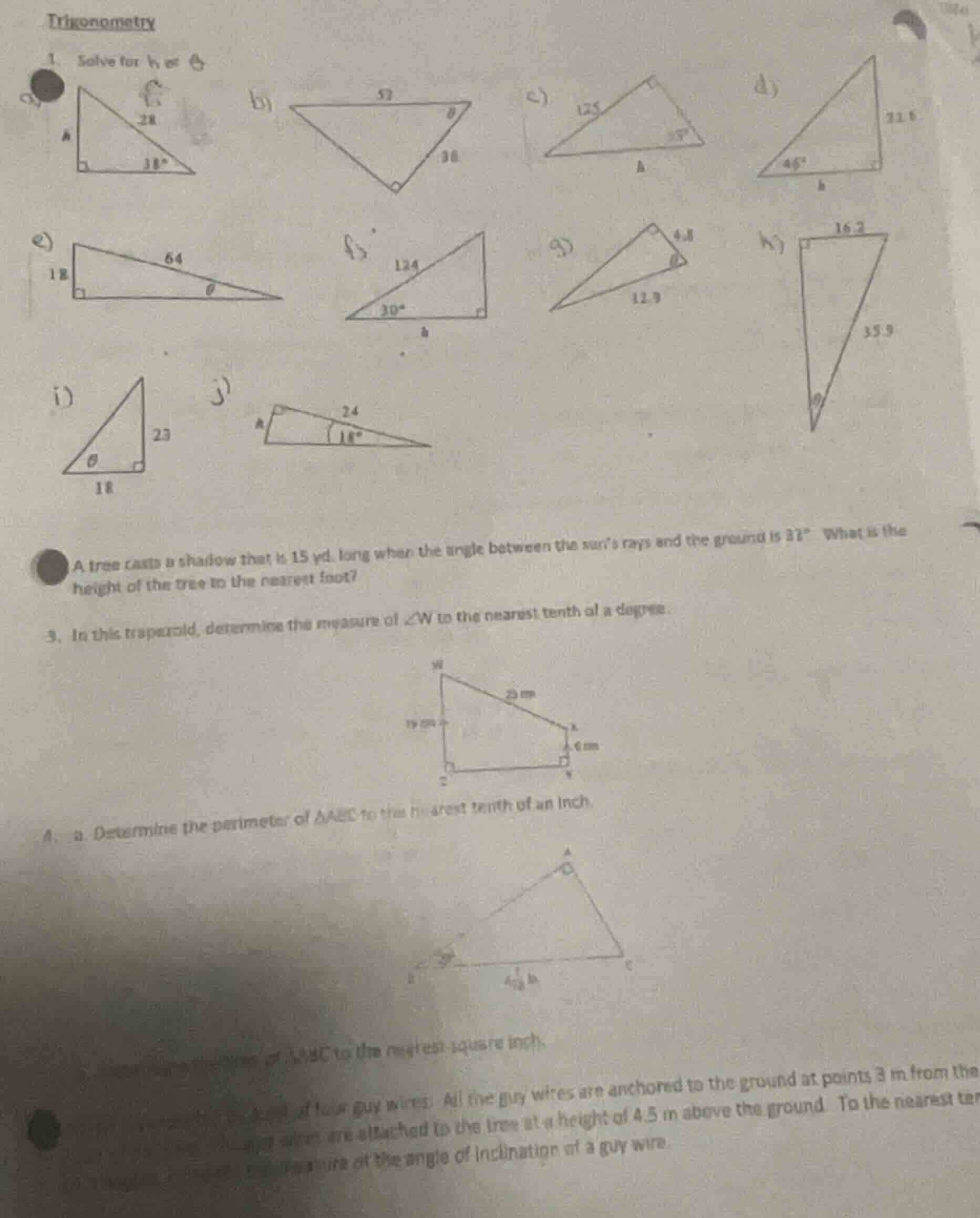 trigonometry 1. solve for h or \\(\\theta\\) a) image of right triangle…