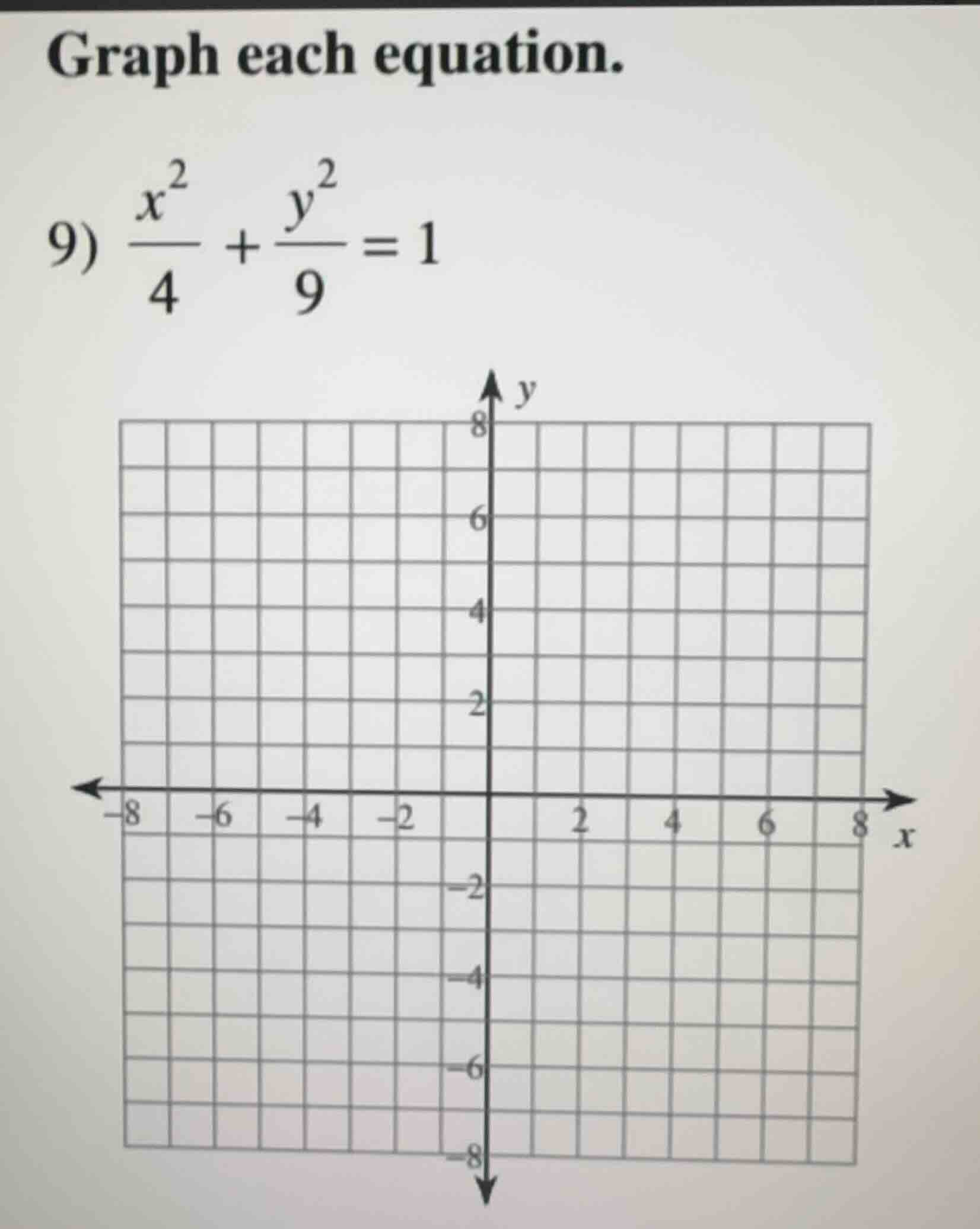 graph each equation. 9) \\frac{x^2}{4} + \\frac{y^2}{9} = 1
