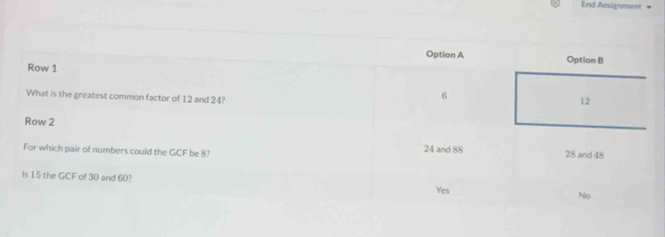 row 1 what is the greatest common factor of 12 and 24? option a: 6 opti…